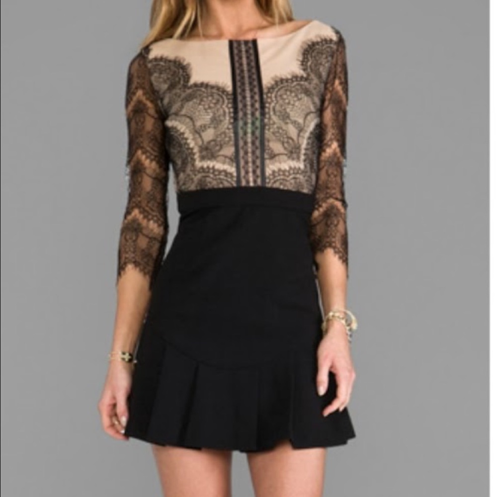 Three Floor Black and Nude Lace Mini Dress